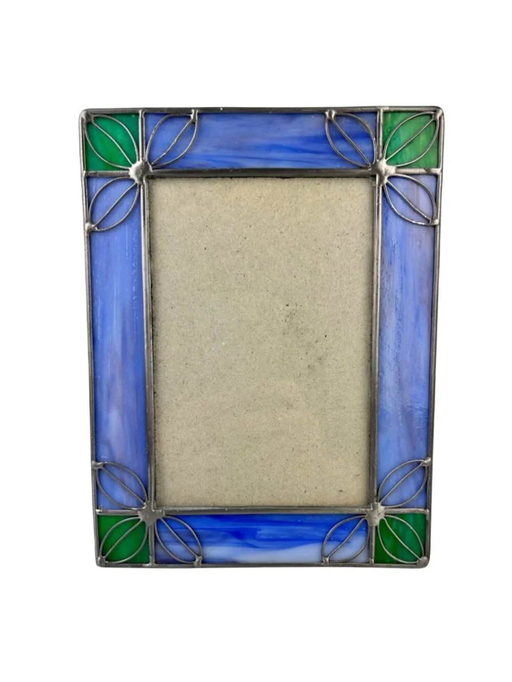Vintage Stained Glass & Metal Picture Frame Blue Green Silver Home Decor
